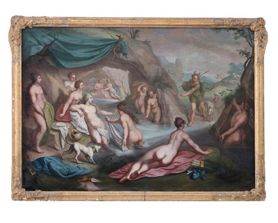 Olej na płótnie. Obraz mitologiczny: Artemida wraz z towarzyszami zostaje zaskoczona podczas kąpieli przez Akteiona autorstwa François Boucher
