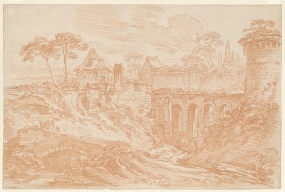 Pejzaż z wieżą i mostem autorstwa François Boucher