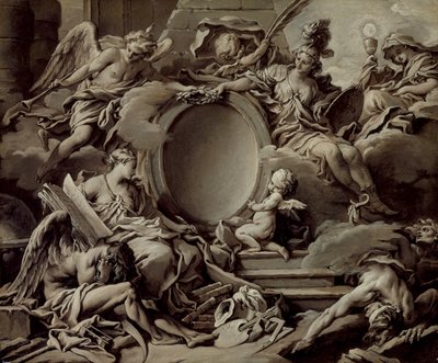 Projekt kartusza: alegoria Minerwki, Sławy, Historii i Wiary pokonujących ignorancję i czas autorstwa François Boucher