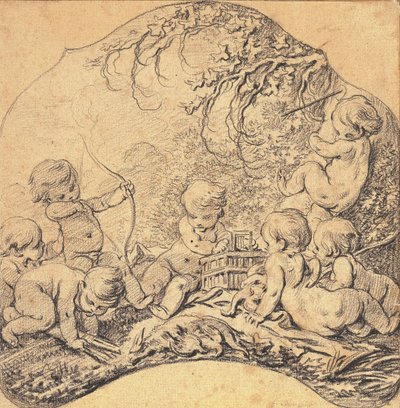 Putti w krajobrazie strzela strzałami i otwiera klatkę, na pierwszym planie trofeum myśliwskie (czarna kreda na papierze) autorstwa François Boucher