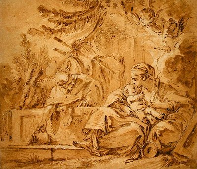 Odpocznij podczas lotu do Egiptu (pióro i brązowy atrament z różowymi i brązowymi plamami na papierze) autorstwa François Boucher