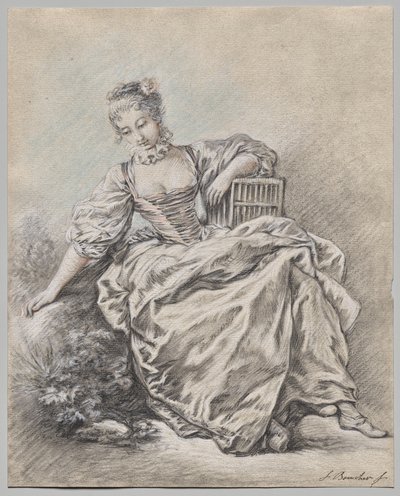 Siedząca kobieta trzymająca klatkę dla ptaków autorstwa François Boucher