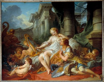 Miłość Renauda i Armide Ilustracja przedstawiająca scenę „La Jerusalem delivree” (La gerusalemme liberata) Torquato Tasso (znanego jako Kubek). Czarujący Armide otoczony bardzo symbolicznym seduitem Amours przy pomocy swojego magicznego zwierciadła rycerza autorstwa François Boucher