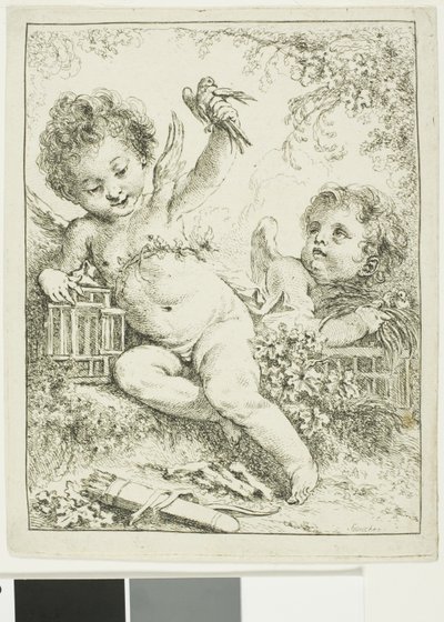 Dwa putti z ptakiem autorstwa François Boucher