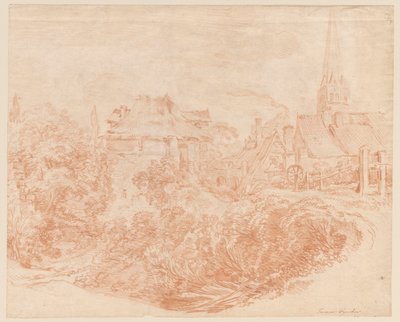 Widok zabudowań wiejskich i wieży kościoła autorstwa François Boucher