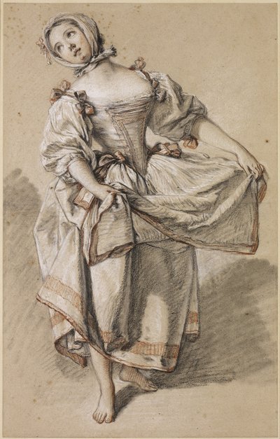Tańcząca młoda wieśniaczka, ok. 1930 r. 1765-70 (czarna, czerwono-biała kreda i kikut na polerowanym papierze) autorstwa François Boucher
