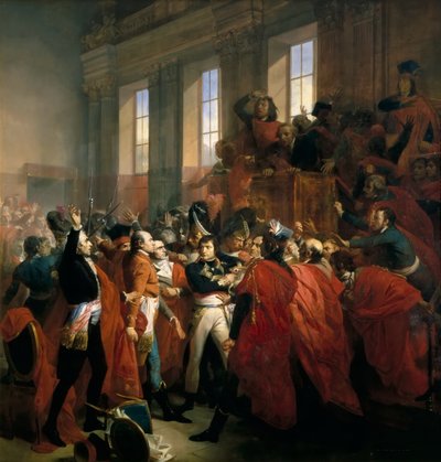 Generał Bonaparte w otoczeniu członków Rady Pięciuset w Saint-Cloud, 10 listopada, autorstwa Francois Bouchot