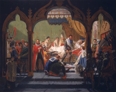 Henryk IV (1553-1610) Otrzymywanie atrybutów monarchii od umierającego Henryka III (1551-1589) 1814 autorstwa Francois Buffet