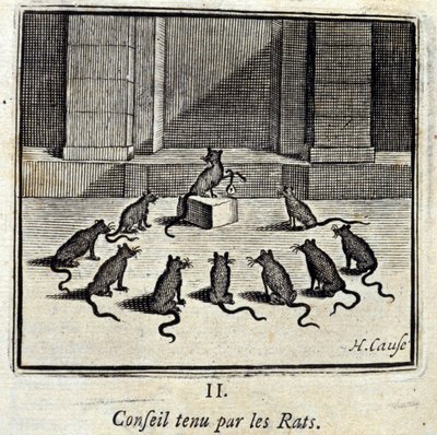Zarząd trzymany przez Szczury. Bajki Jean de La Fontaine (1621-95). Ilustracja Francois Chauveau (1613-1676). Wydanie z 1728 r. autorstwa Francois Chauveau