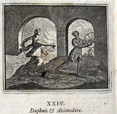 Dafnis i Alcimadura. Bajki Jean de La Fontaine (1621-95). Ilustracja François Chauveau (1613-1676). Wydanie z 1728 r. autorstwa Francois Chauveau