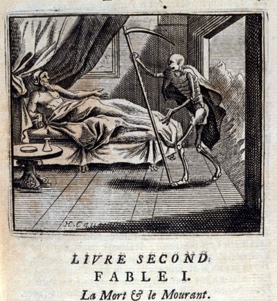 Śmierć i umieranie. Bajki Jean de La Fontaine (1621-95). Ilustracja Francois Chauveau (1613-1676). Wydanie z 1728 r. autorstwa Francois Chauveau
