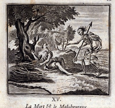 Śmierć i nieszczęśliwi. Bajki Jean de La Fontaine (1621-95). Ilustracja Francois Chauveau (1613-1676). Wydanie z 1728 r. autorstwa Francois Chauveau