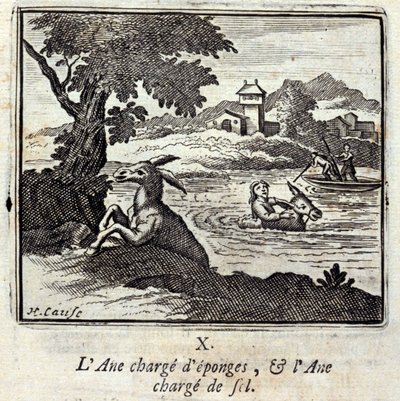 Osioł mnóstwo gąbek i osioł mnóstwo soli. Bajki Jean de La Fontaine (1621-95). Ilustracja autorstwa François Chauveau (1613-1676). Wydanie z 1728 r. autorstwa Francois Chauveau