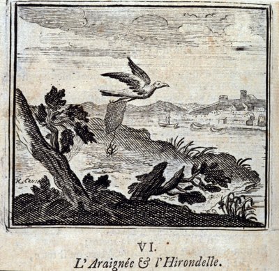 Pająk i jaskółka Bajki Jean de La Fontaine (1621-95). Ilustracja François Chauveau (1613-1676). Wydanie z 1728 r. autorstwa Francois Chauveau