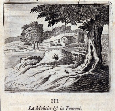Bajki muchy i mrówek Jean de La Fontaine (1621-95). Ilustracja Francois Chauveau (1613-1676). Wydanie z 1728 r. autorstwa Francois Chauveau