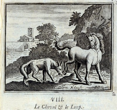 Koń i wilk Bajki Jean de La Fontaine (1621-95). Ilustracja François Chauveau (1613-1676). Wydanie z 1728 r. autorstwa Francois Chauveau