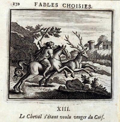 Koń chciał zemsty za Jelenia. Bajki Jean de La Fontaine (1621-95). Ilustracja Francois Chauveau (1613-1676). Wydanie z 1728 r. autorstwa Francois Chauveau