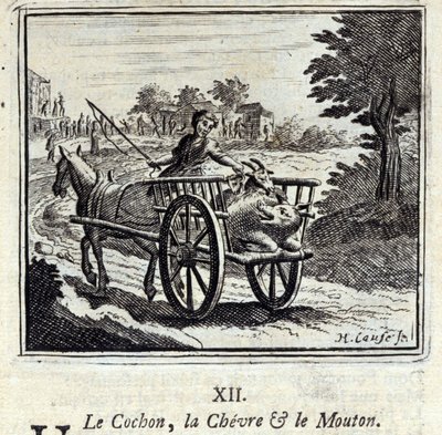 Świnia Koza i Mut.Bajki Jean de La Fontaine (1621-95). Ilustracja Francois Chauveau (1613-1676). Wydanie z 1728 r. autorstwa Francois Chauveau