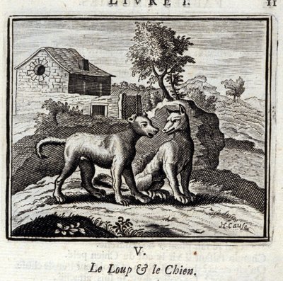 Wilk i pies Bajki Jean de La Fontaine (1621-95). Ilustracja Francois Chauveau (1613-1676). Wydanie z 1728 r. autorstwa Francois Chauveau
