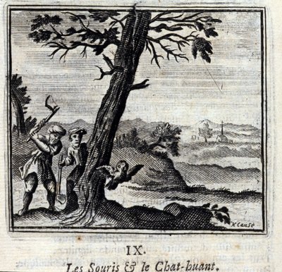 Jean de La Fontaine (1621-95) Myszy i Huant Cat. Ilustracja Francois Chauveau (1613-1676). Wydanie z 1728 r. autorstwa Francois Chauveau