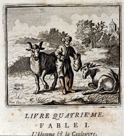 Człowiek i wąż. Bajki Jean de La Fontaine (1621-95). Ilustracja Francois Chauveau (1613-1676). Wydanie z 1728 r. autorstwa Francois Chauveau