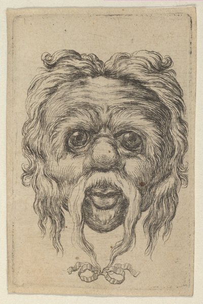 Maska z długim wąsem przewiązana wstążką pod brodą, z Divers Masques, ca. 1635-45. autorstwa Francois Chauveau