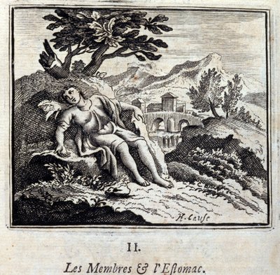 Członkowie i żołądek. Bajki Jean de La Fontaine (1621-95). Ilustracja autorstwa François Chauveau (1613-1676). Wydanie z 1728 r. autorstwa Francois Chauveau