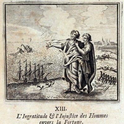 Niewdzięczność mężczyzn i niesprawiedliwość wobec fortuny. Bajki Jean de La Fontaine (1621-95). Ilustracja François Chauveau (1613-1676). Wydanie z 1728 r. autorstwa Francois Chauveau