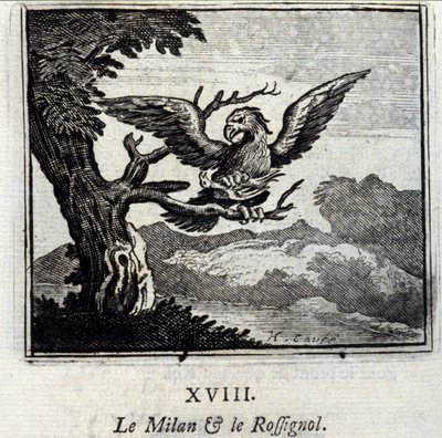 Mediolan i słowik. Bajki Jean de La Fontaine (1621-95). Ilustracja Francois Chauveau (1613-1676). Wydanie z 1728 r. autorstwa Francois Chauveau