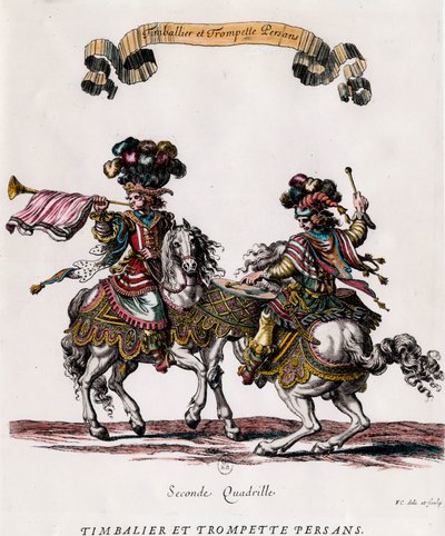 Perski timbalier i trąbka podczas karuzeli podarowanej przez króla Ludwika XIV (1639-1715) Rycina Francois Chauveau (1613-1676) ok. 1662 Ze zbiorów prywatnych autorstwa Francois Chauveau