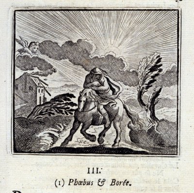 Phebus i Boree. Bajki Jean de La Fontaine (1621-95). Ilustracja Francois Chauveau (1613-1676). Wydanie z 1728 r. autorstwa Francois Chauveau