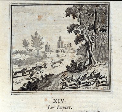 Króliki. Bajki Jean de La Fontaine (1621-95). Ilustracja François Chauveau (1613-1676). Wydanie z 1728 r. autorstwa Francois Chauveau