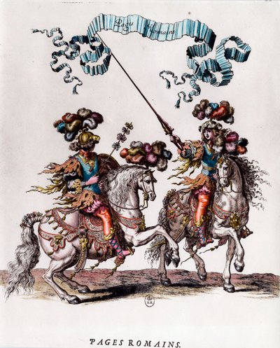Strony rzymskie podczas karuzeli podarowanej przez króla Ludwika XIV (1639-1715) Grawerowanie Francois Chauveau (1613-1676) ca. 1662 Kolekcja prywatna autorstwa Francois Chauveau
