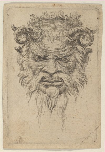 Maska Satyra z zakręconymi rogami patrzącymi w dół, z Divers Masques, ca. 1635-45. autorstwa Francois Chauveau