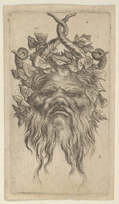 Maska Satyra z haczykowatymi rogami i bluszczowym wieńcem, z Divers Masques, ca. 1635-45. autorstwa Francois Chauveau