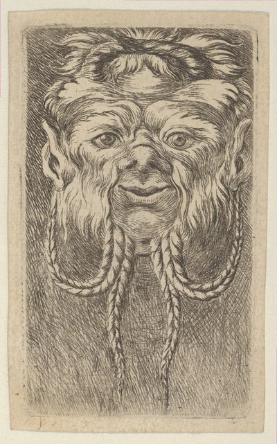 Maska Satyra z nakładającymi się rogami i czterema splecionymi pasmami brody, od Divers Ma..., ca. 1635-45. autorstwa Francois Chauveau