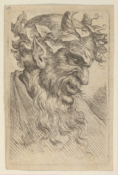 Maska Satyra z koroną bluszczu, zwrócona w prawo, z Divers Masques, ca. 1635-45. autorstwa Francois Chauveau