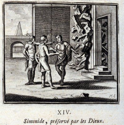 Simonides chronią bogów. Bajki Jean de La Fontaine (1621-95). Ilustracja Francois Chauveau (1613-1676). Wydanie z 1728 r. autorstwa Francois Chauveau