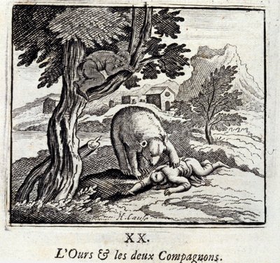 Niedźwiedź i dwaj towarzysze. Bajki Jean de La Fontaine (1621-95). Ilustracja François Chauveau (1613-1676). Wydanie z 1728 r. autorstwa Francois Chauveau