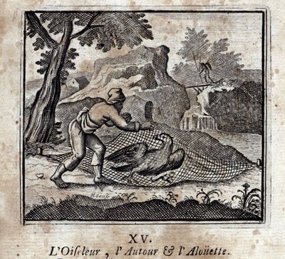 Ptaszek dookoła i Alouette. Bajki Jean de La Fontaine (1621-95). Ilustracja François Chauveau (1613-1676). Wydanie z 1728 r. autorstwa Francois Chauveau