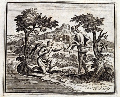 Bucheron i Merkury. Bajki Jean de La Fontaine (1621-95). Ilustracja Francois Chauveau (1613-1676). Wydanie z 1728 r. autorstwa Francois Chauveau