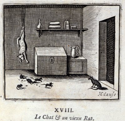 Kot i stary szczur. Bajki Jean de La Fontaine (1621-95). Ilustracja Francois Chauveau (1613-1676). Wydanie z 1728 r. autorstwa Francois Chauveau