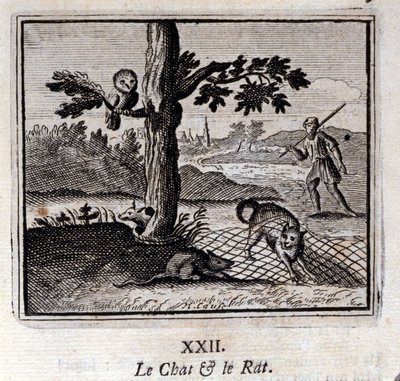 Kot i szczur. Bajki Jean de La Fontaine (1621-95). Ilustracja Francois Chauveau (1613-1676). Wydanie z 1728 r. autorstwa Francois Chauveau