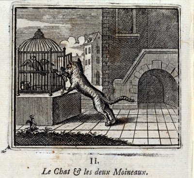 Kot i dwa wróble. Bajki Jean de La Fontaine (1621-95). Ilustracja François Chauveau (1613-1676). Wydanie z 1728 r. autorstwa Francois Chauveau