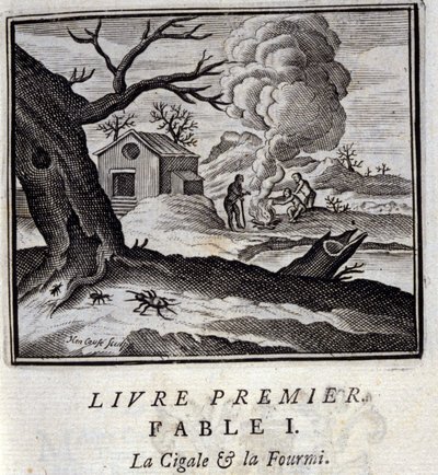 Cigale i mrówka. Bajki Jean de La Fontaine (1621-95). Ilustracja François Chauveau (1613-1676). Wydanie z 1728 r. autorstwa Francois Chauveau