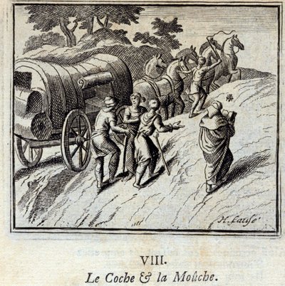 Coche i mucha. Bajki Jean de La Fontaine (1621-95). Ilustracja Francois Chauveau (1613-1676). Wydanie z 1728 r. autorstwa Francois Chauveau