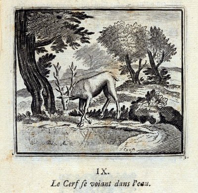 Jeleń widząc siebie w wodzie. Bajki Jean de La Fontaine (1621-95). Ilustracja François Chauveau (1613-1676). Wydanie z 1728 r. autorstwa Francois Chauveau