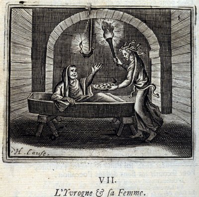 Pijany i jego żona. Bajki Jean de La Fontaine (1621-95). Ilustracja autorstwa François Chauveau (1613-1676). Wydanie z 1728 r. autorstwa Francois Chauveau