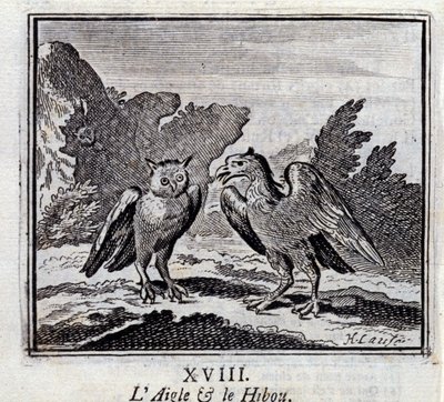 Orzeł i Sowa. Bajki Jean de La Fontaine (1621-95). Ilustracja François Chauveau (1613-1676). Wydanie z 1728 r. autorstwa Francois Chauveau