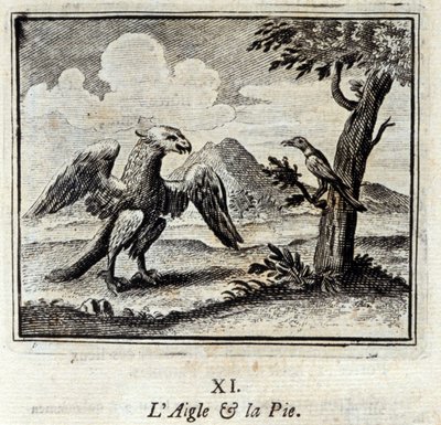 Orzeł i Pius. Bajki Jean de La Fontaine (1621-95). Ilustracja François Chauveau (1613-1676). Wydanie z 1728 r. autorstwa Francois Chauveau